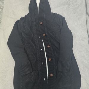 Black Hooded Knit Cardigan with Wooden Buttons